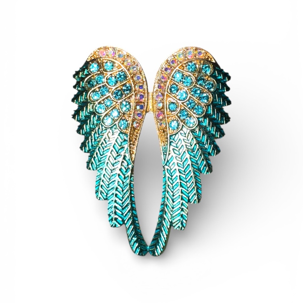 Elegant Winged Brooch with Blue and Iridescent Rhinestones